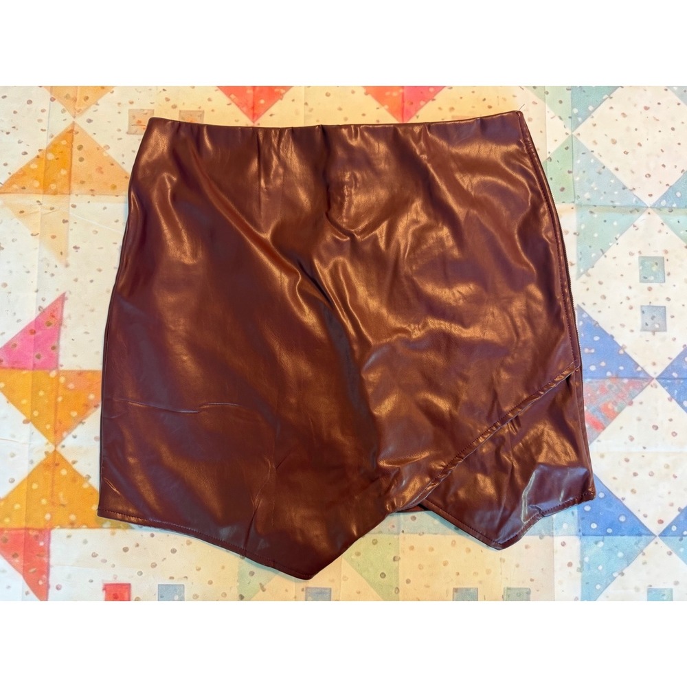 Dee Elly Burgundy Faux Leather Wrap Mini Skirt Asymmetrical Hem Size L
